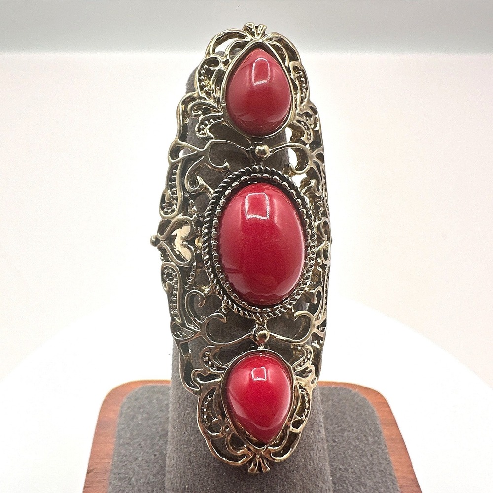 Vintage Y2K Gold Tone Filigree‎ Red Stone Ring Statement Women's Classic Jewelry